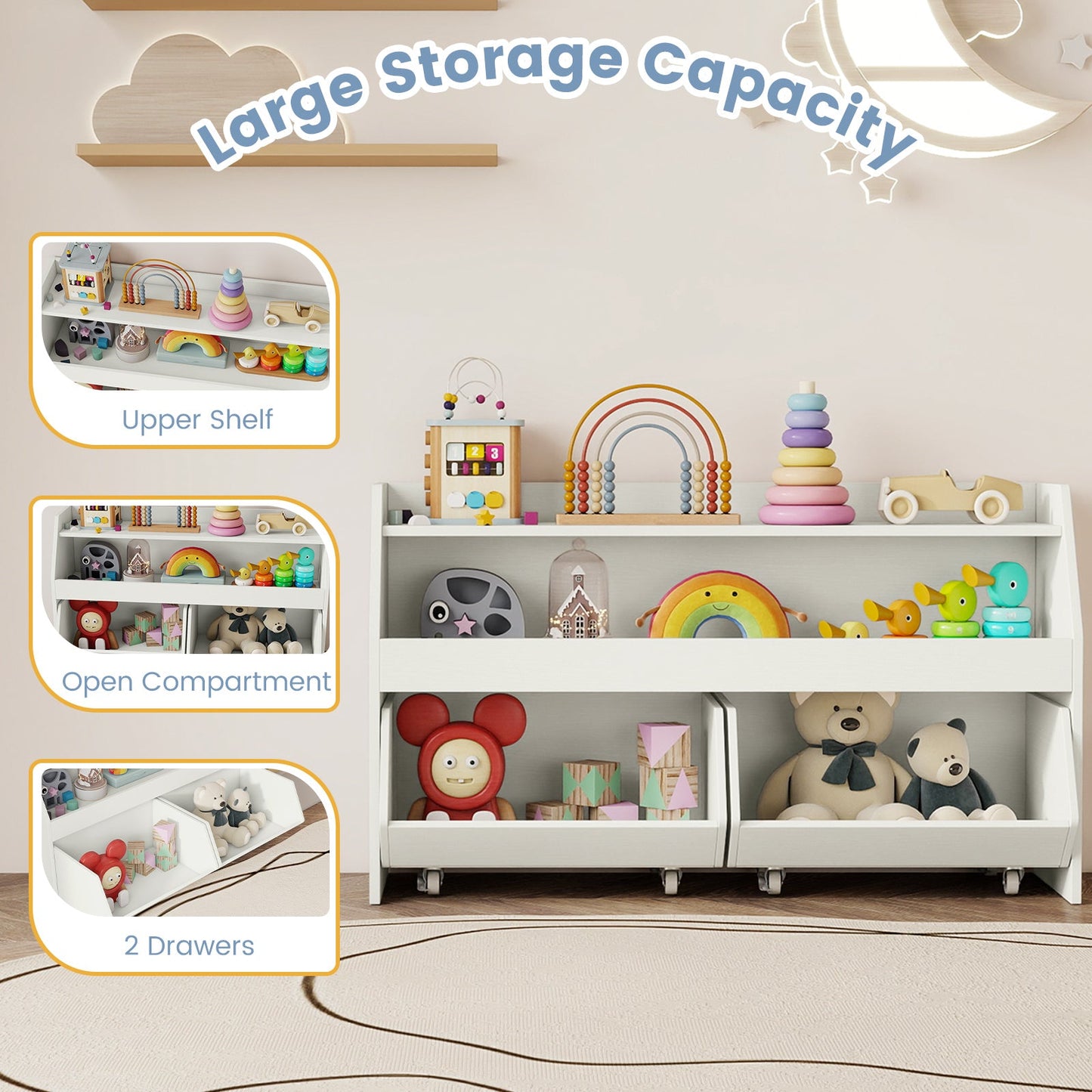 Kids Toy Storage Organizer Wooden Bookcase with 2 Movable Drawers