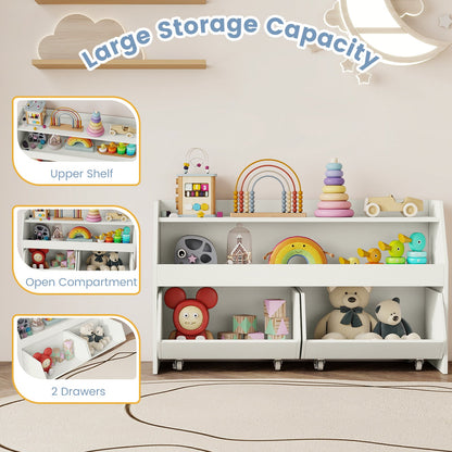 Kids Toy Storage Organizer Wooden Bookcase with 2 Movable Drawers