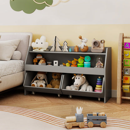 Kids Toy Storage Organizer Wooden Bookcase with 2 Movable Drawers