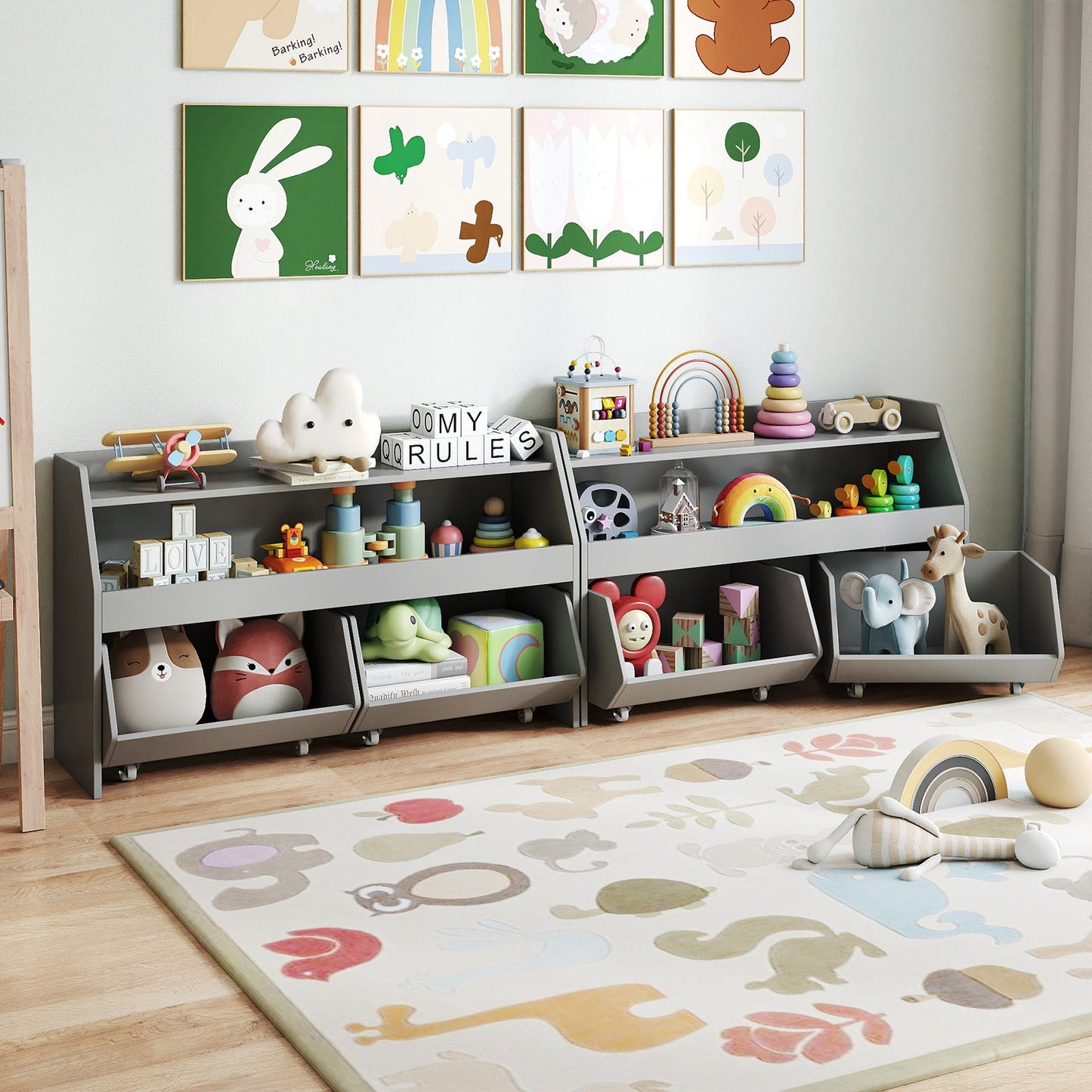 Kids Toy Storage Organizer Wooden Bookcase with 2 Movable Drawers