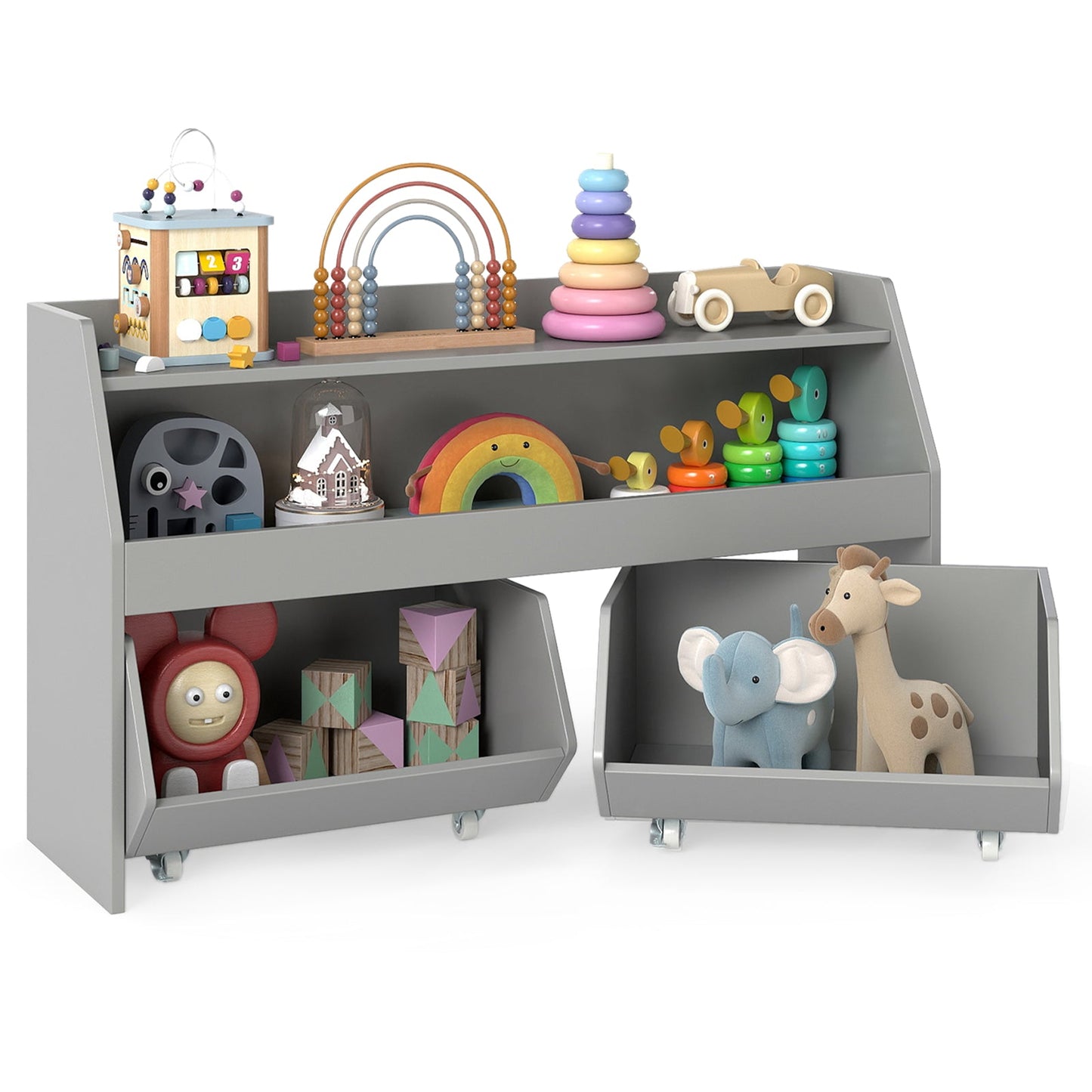 Kids Toy Storage Organizer Wooden Bookcase with 2 Movable Drawers