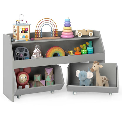 Kids Toy Storage Organizer Wooden Bookcase with 2 Movable Drawers