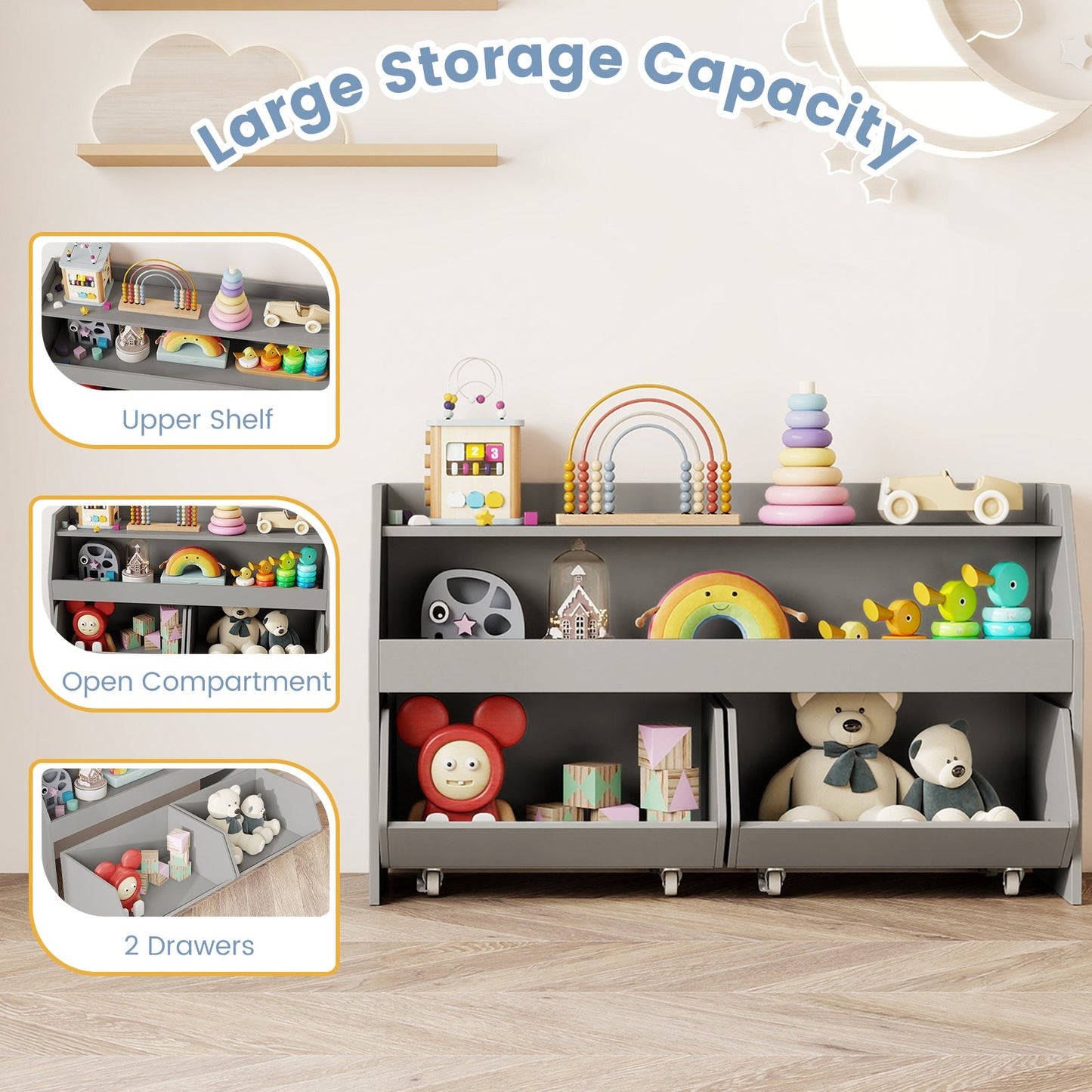 Kids Toy Storage Organizer Wooden Bookcase with 2 Movable Drawers