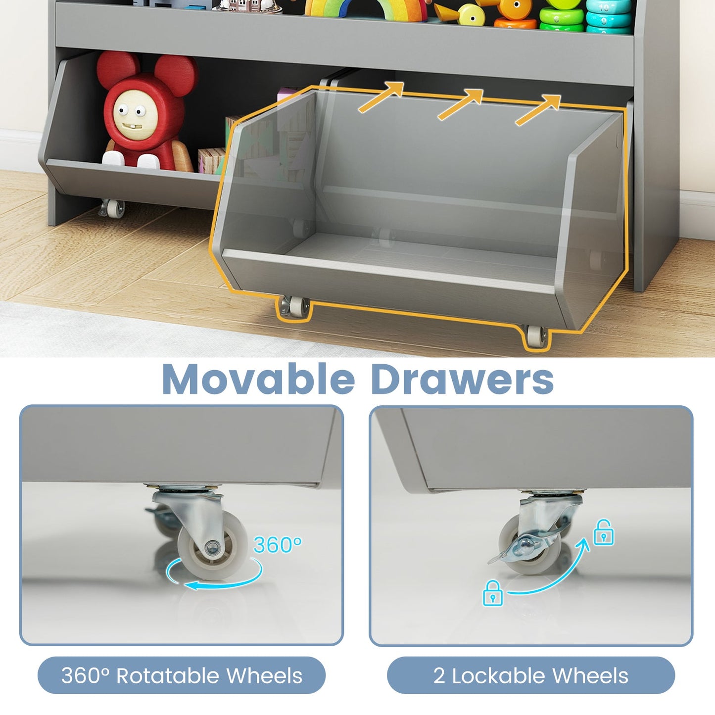 Kids Toy Storage Organizer Wooden Bookcase with 2 Movable Drawers