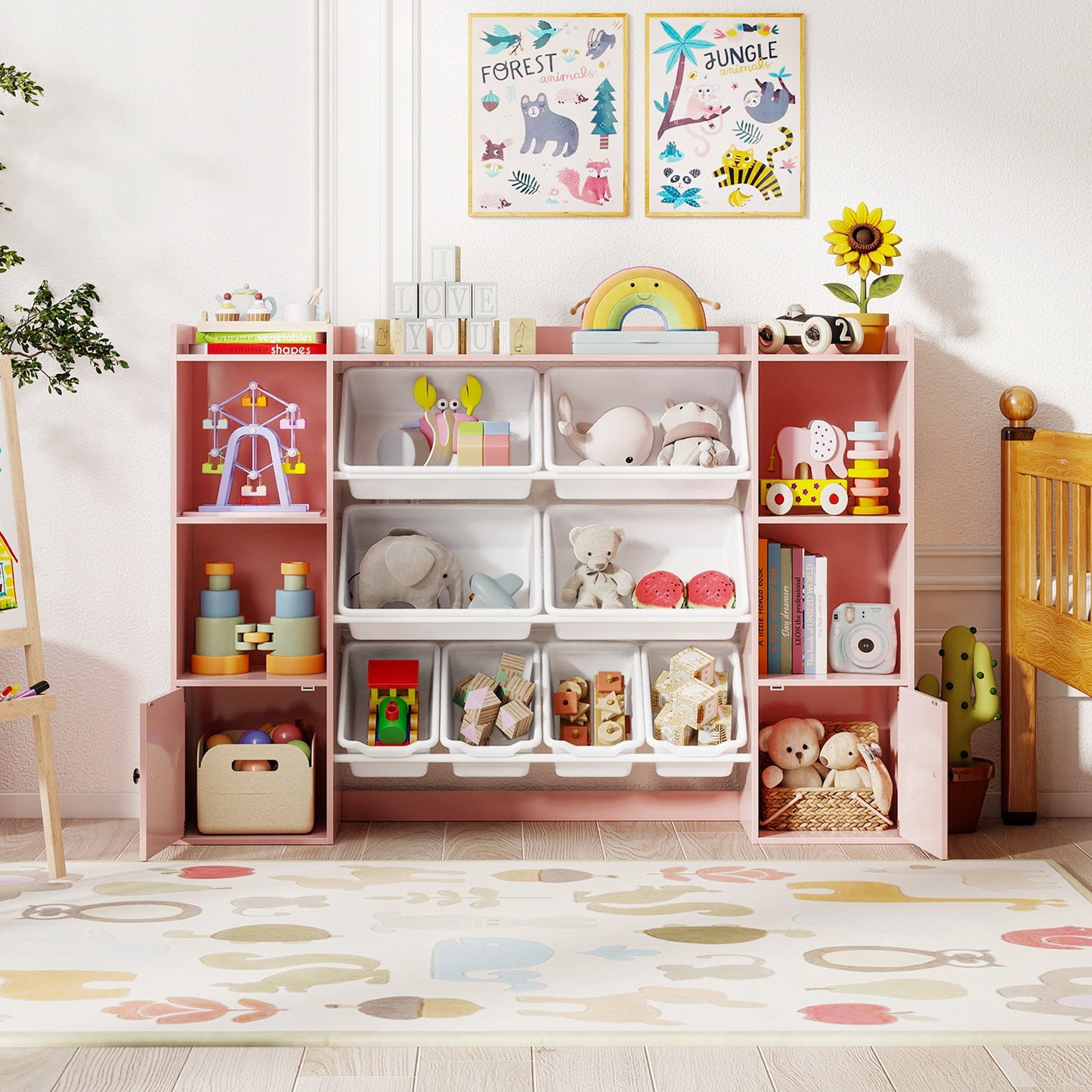 Kids Toy Storage and Bookshelf with Boxes and Open Shelves
