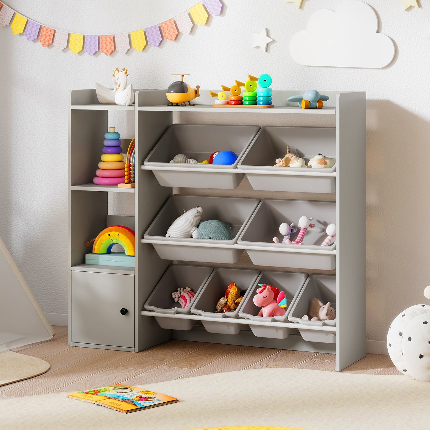 Kids Toy Storage and Bookshelf with Open Shelves and Single-door Cabinet