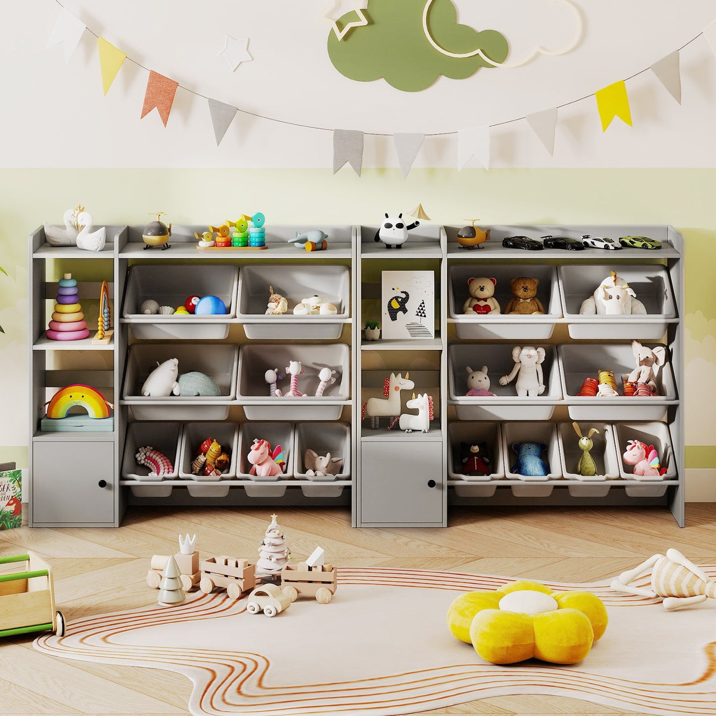 Kids Toy Storage and Bookshelf with Open Shelves and Single-door Cabinet