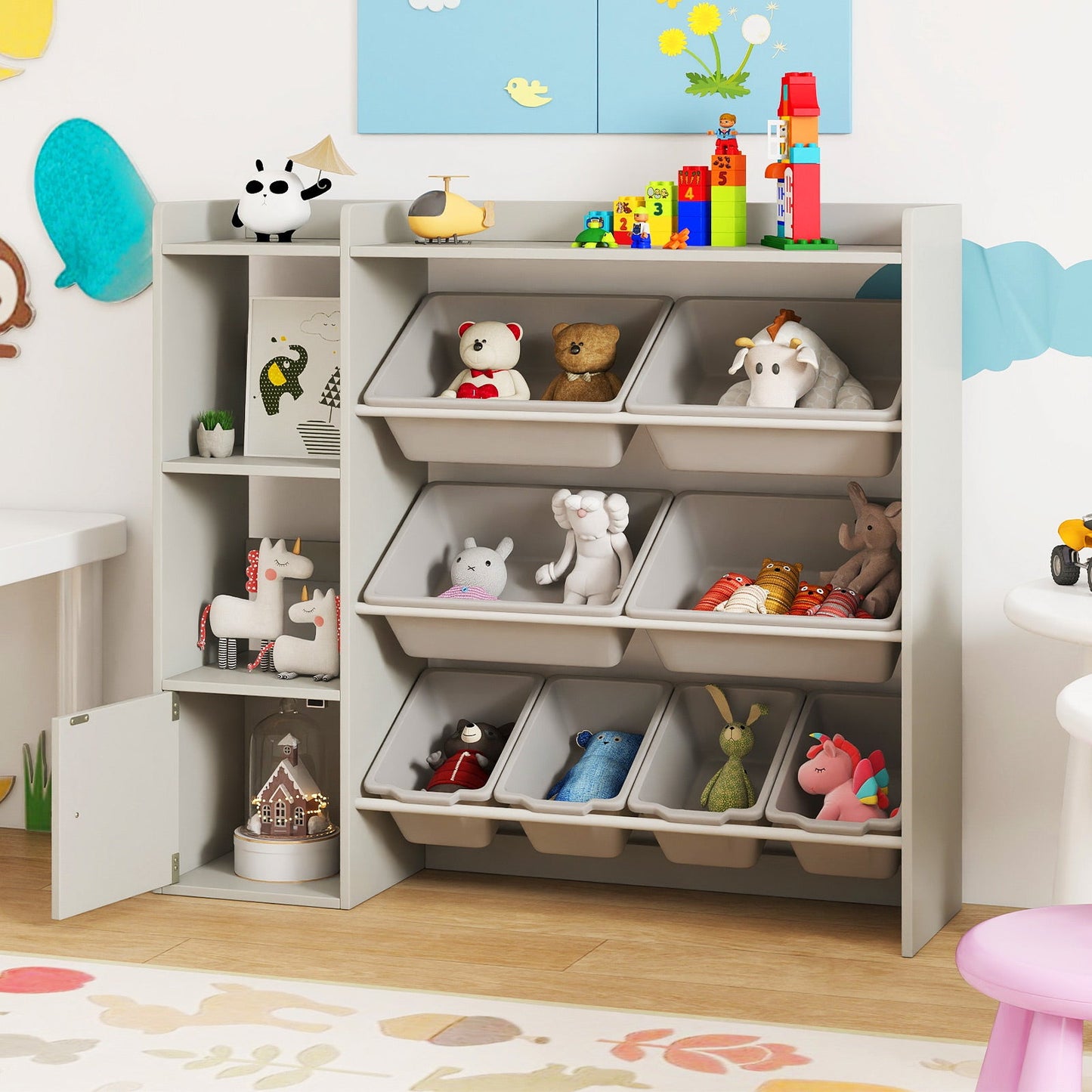 Kids Toy Storage and Bookshelf with Open Shelves and Single-door Cabinet