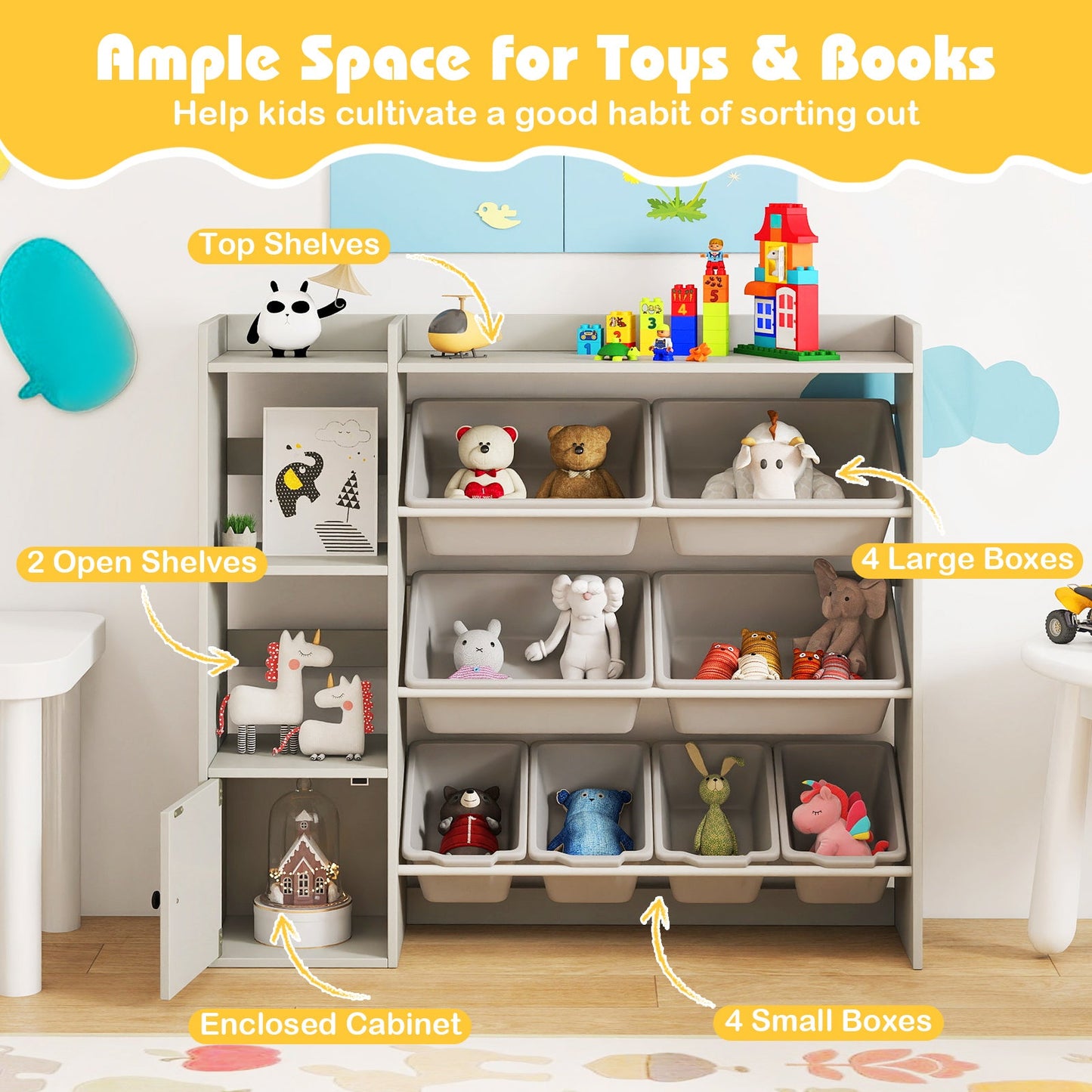 Kids Toy Storage and Bookshelf with Open Shelves and Single-door Cabinet