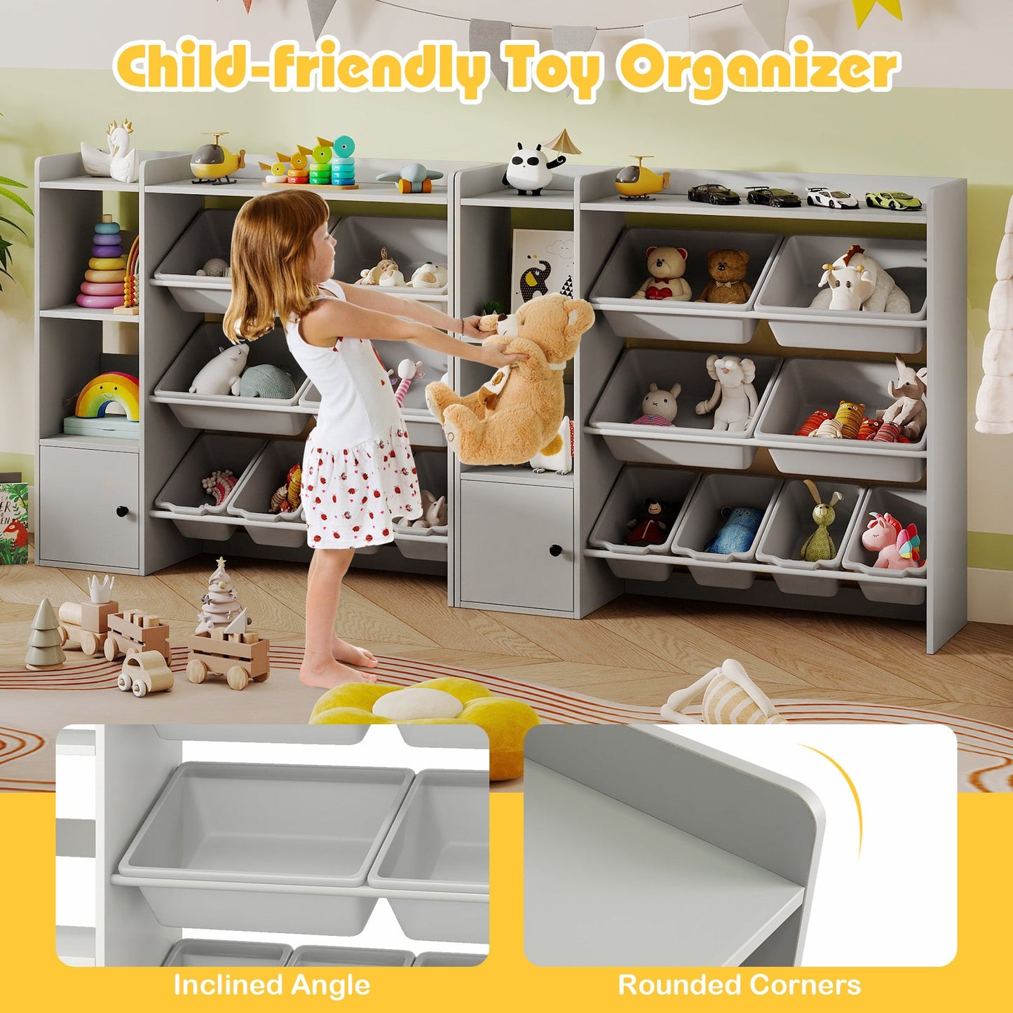 Kids Toy Storage and Bookshelf with Open Shelves and Single-door Cabinet