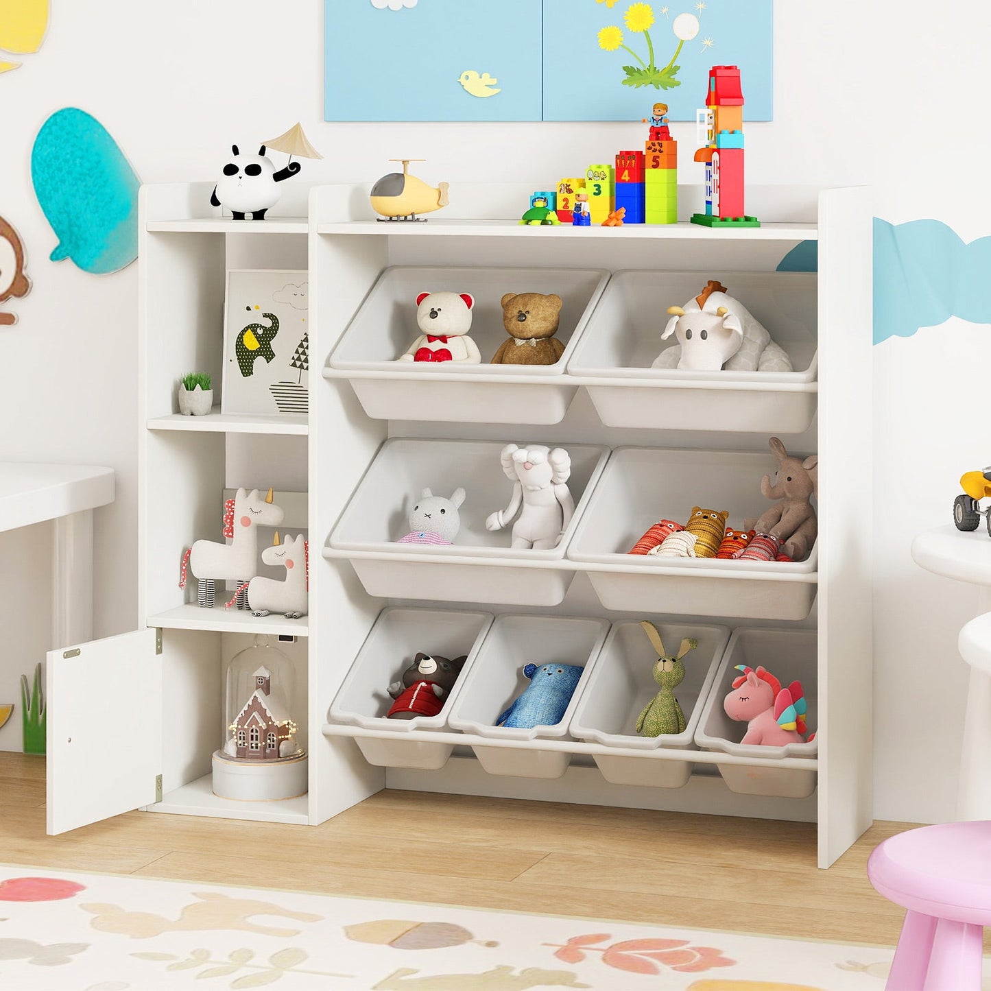 Kids Toy Storage and Bookshelf with Open Shelves and Single-door Cabinet