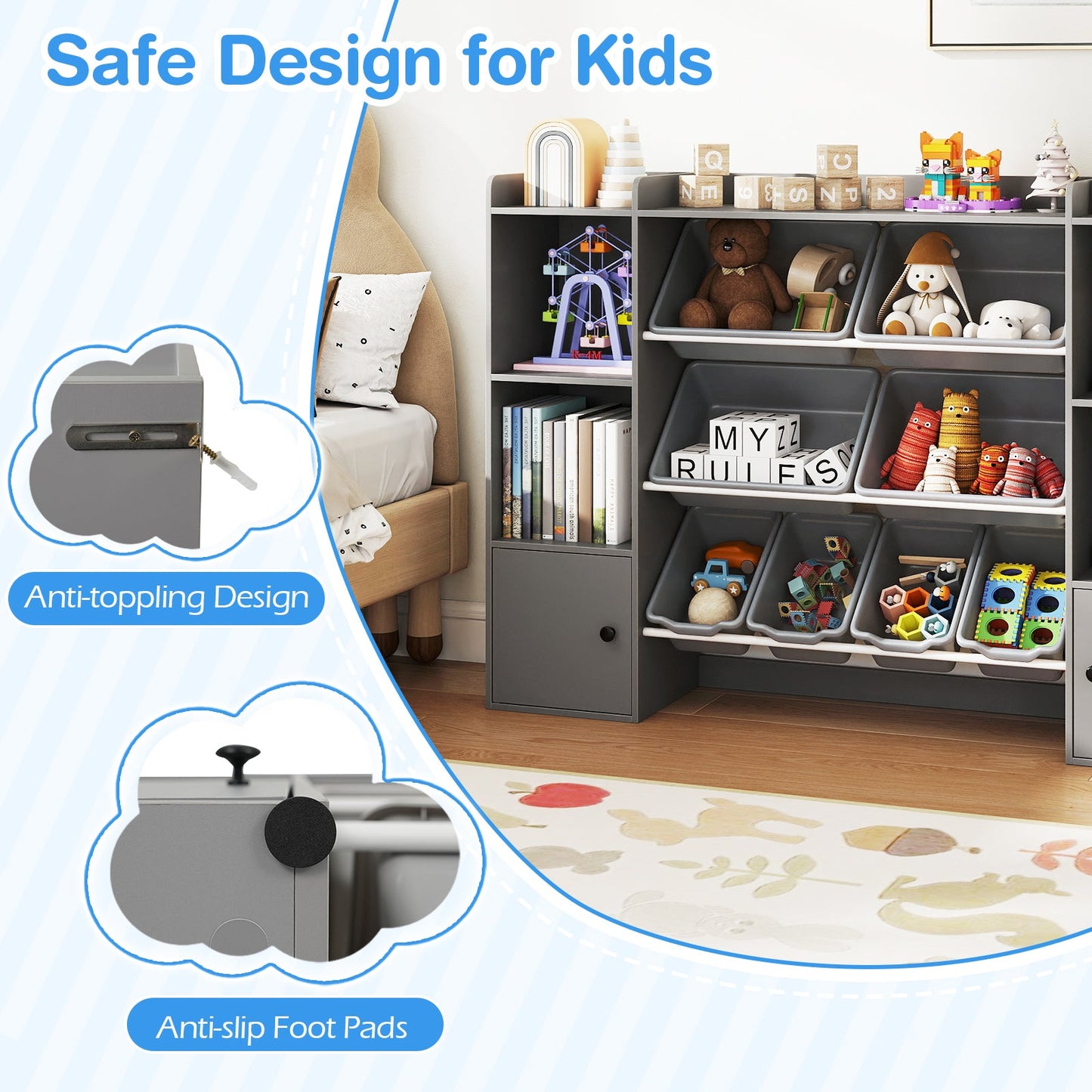 Kids Toy Storage and Bookshelf with Boxes and Open Shelves