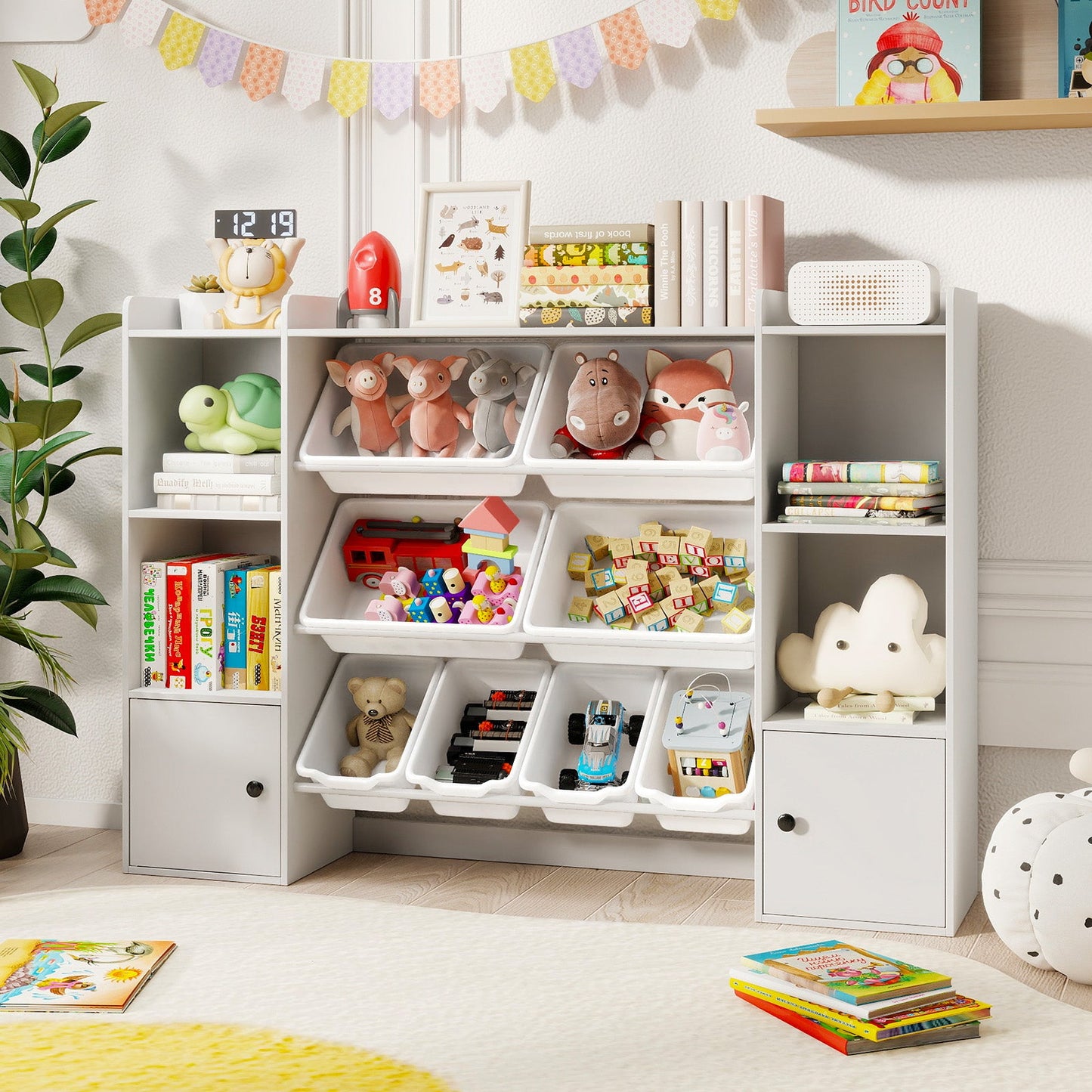 Kids Toy Storage and Bookshelf with Boxes and Open Shelves
