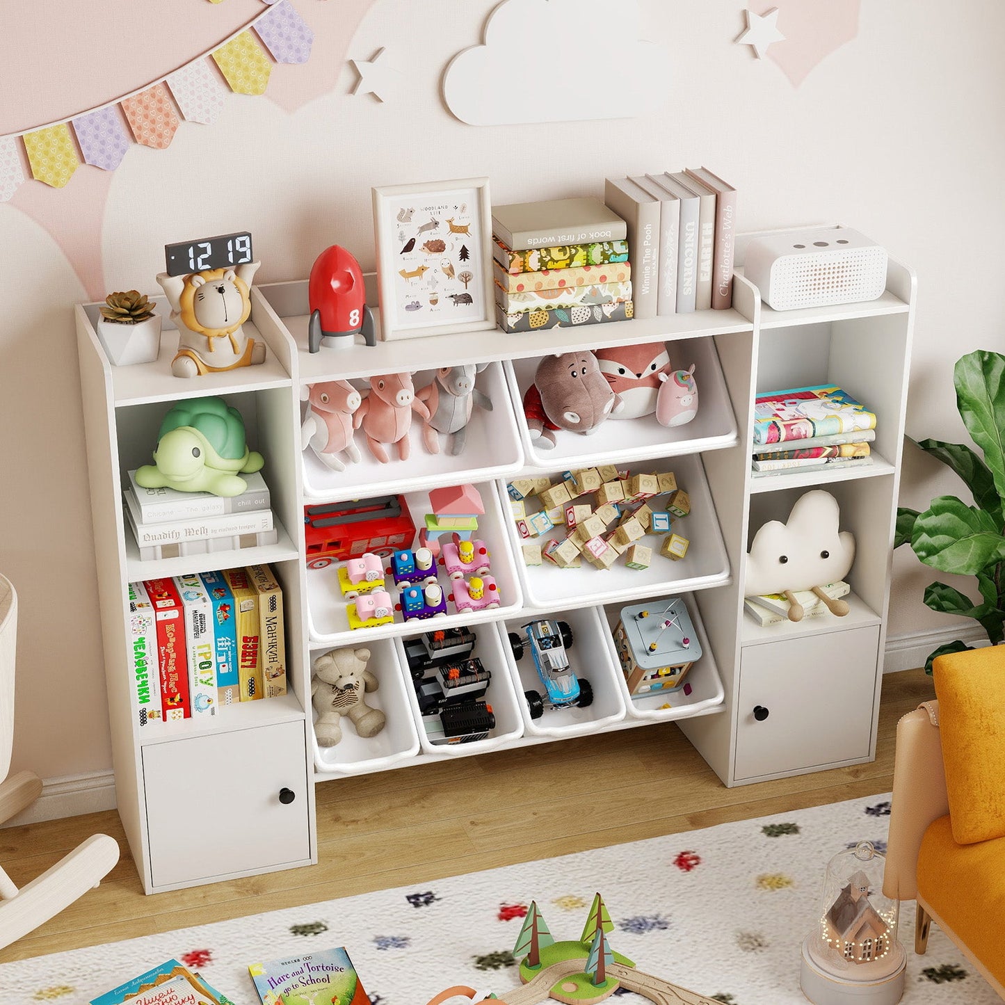 Kids Toy Storage and Bookshelf with Boxes and Open Shelves
