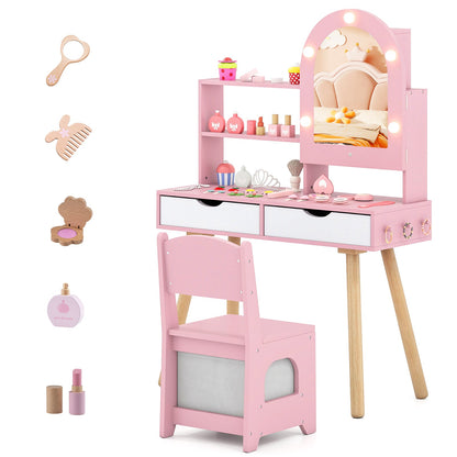 Kids Vanity Set Pretend Play Dressing Table Set with 3-Color Lighting Modes Adjustable Brightness and Mirror Cabinet