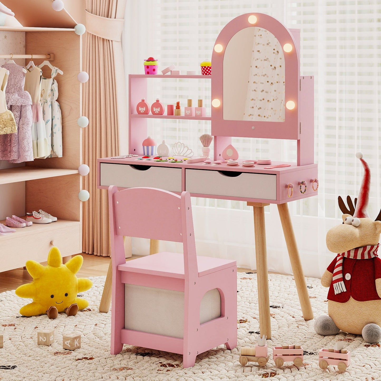 Kids Vanity Set Pretend Play Dressing Table Set with 3-Color Lighting Modes Adjustable Brightness and Mirror Cabinet
