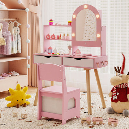 Kids Vanity Set Pretend Play Dressing Table Set with 3-Color Lighting Modes Adjustable Brightness and Mirror Cabinet