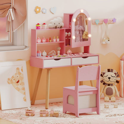Kids Vanity Set Pretend Play Dressing Table Set with 3-Color Lighting Modes Adjustable Brightness and Mirror Cabinet
