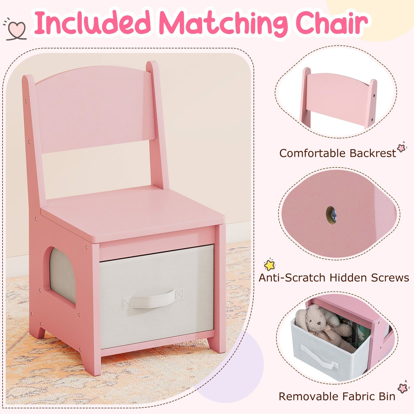 Kids Vanity Set Pretend Play Dressing Table Set with 3-Color Lighting Modes Adjustable Brightness and Mirror Cabinet