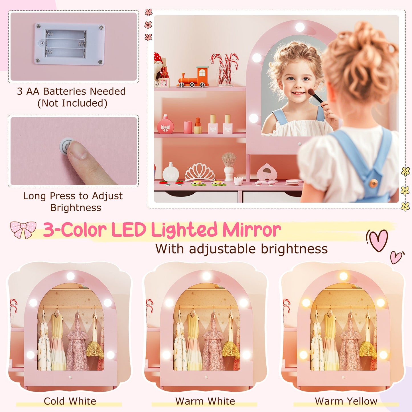 Kids Vanity Set Pretend Play Dressing Table Set with 3-Color Lighting Modes Adjustable Brightness and Mirror Cabinet