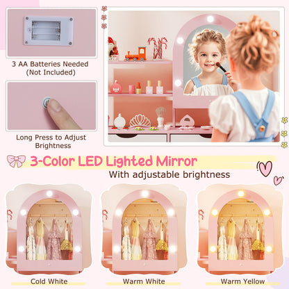 Kids Vanity Set Pretend Play Dressing Table Set with 3-Color Lighting Modes Adjustable Brightness and Mirror Cabinet