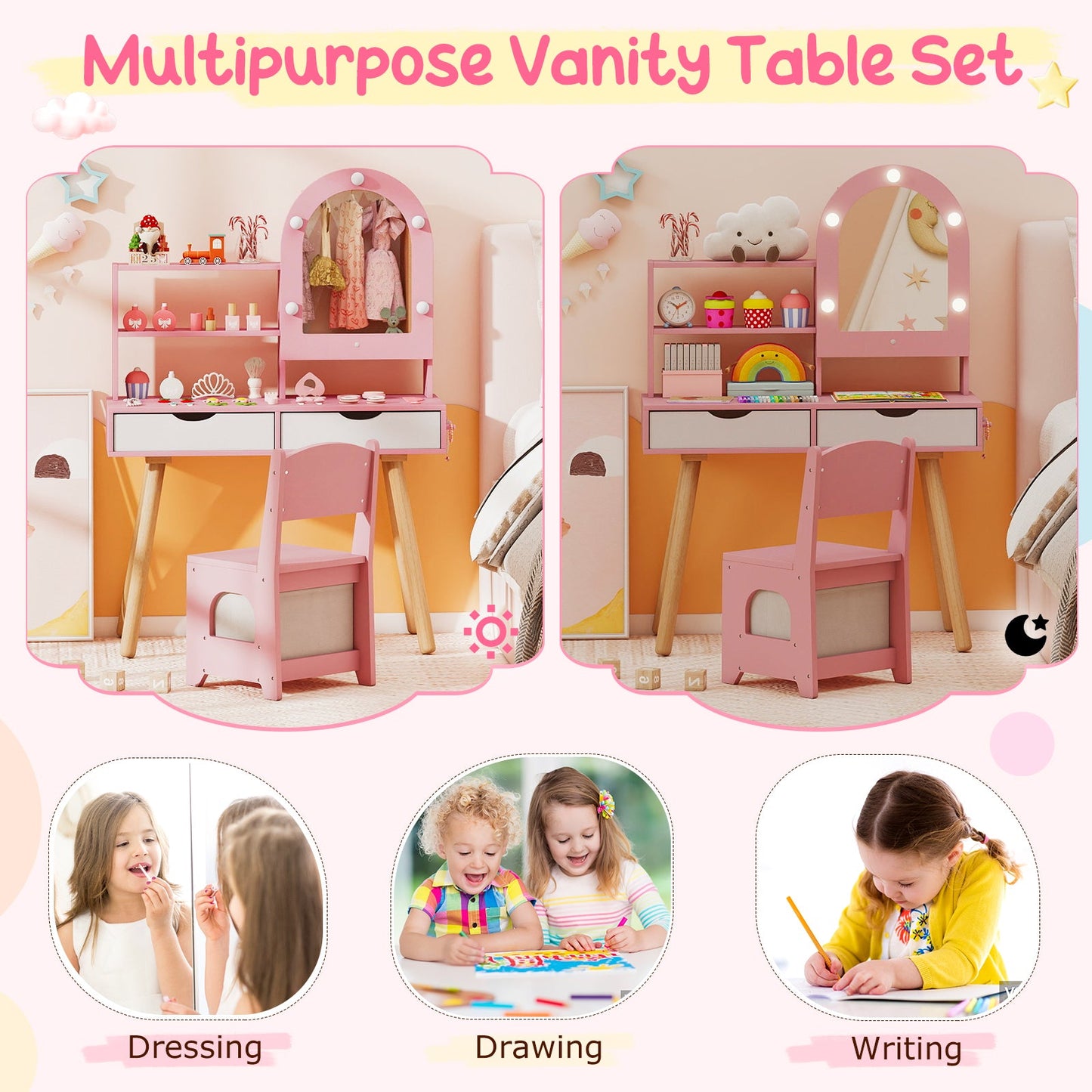 Kids Vanity Set Pretend Play Dressing Table Set with 3-Color Lighting Modes Adjustable Brightness and Mirror Cabinet