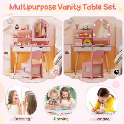 Kids Vanity Set Pretend Play Dressing Table Set with 3-Color Lighting Modes Adjustable Brightness and Mirror Cabinet