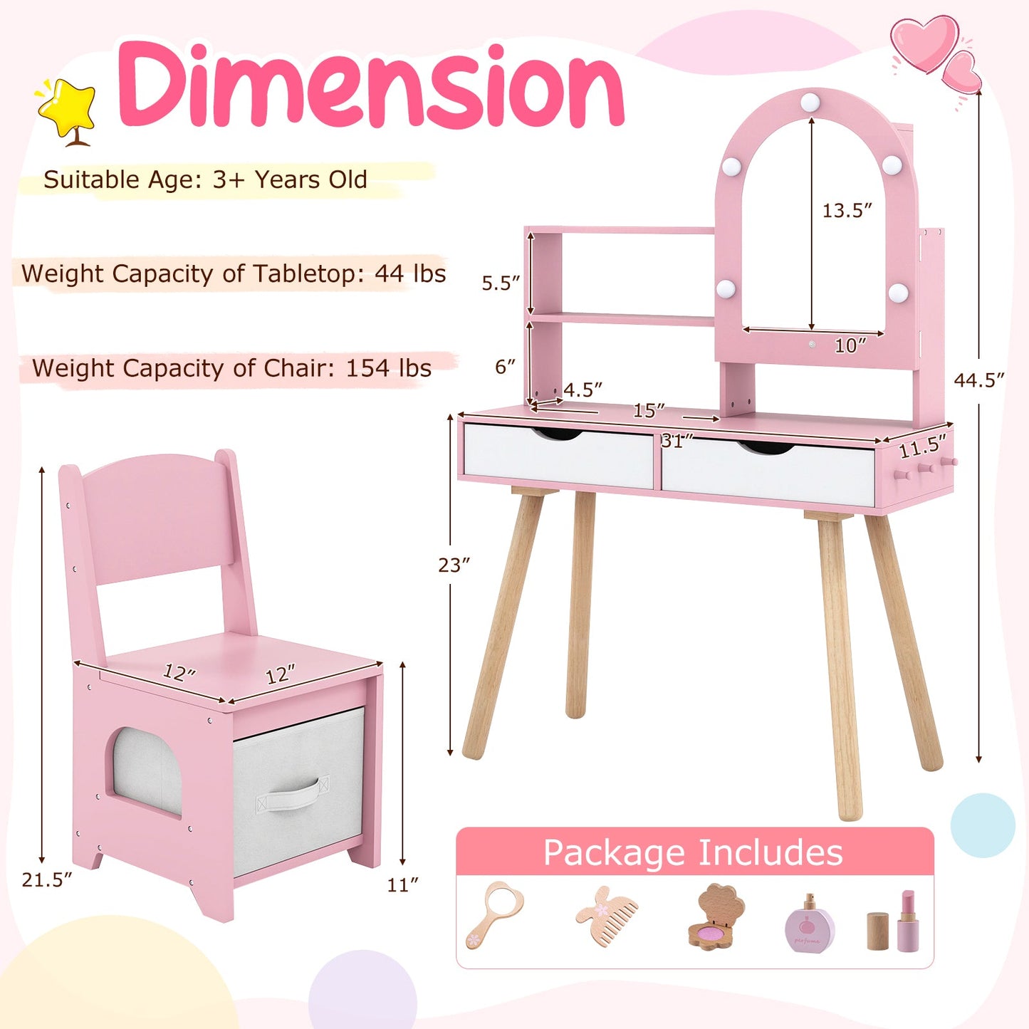 Kids Vanity Set Pretend Play Dressing Table Set with 3-Color Lighting Modes Adjustable Brightness and Mirror Cabinet