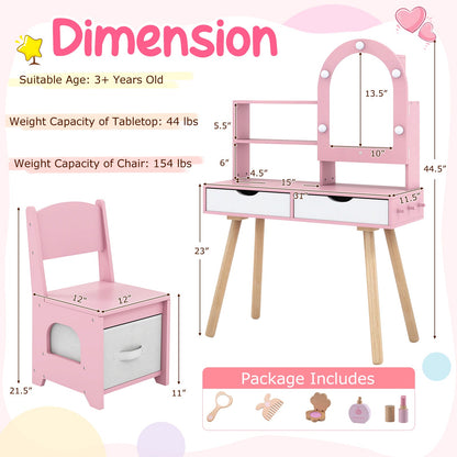 Kids Vanity Set Pretend Play Dressing Table Set with 3-Color Lighting Modes Adjustable Brightness and Mirror Cabinet