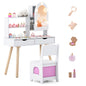 Kids Vanity Set Pretend Play Dressing Table Set with 3-Color Lighting Modes Adjustable Brightness and Mirror Cabinet