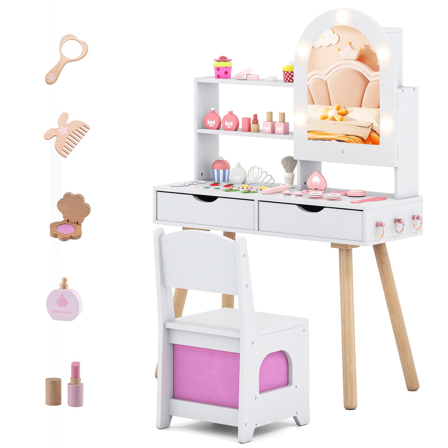Kids Vanity Set Pretend Play Dressing Table Set with 3-Color Lighting Modes Adjustable Brightness and Mirror Cabinet