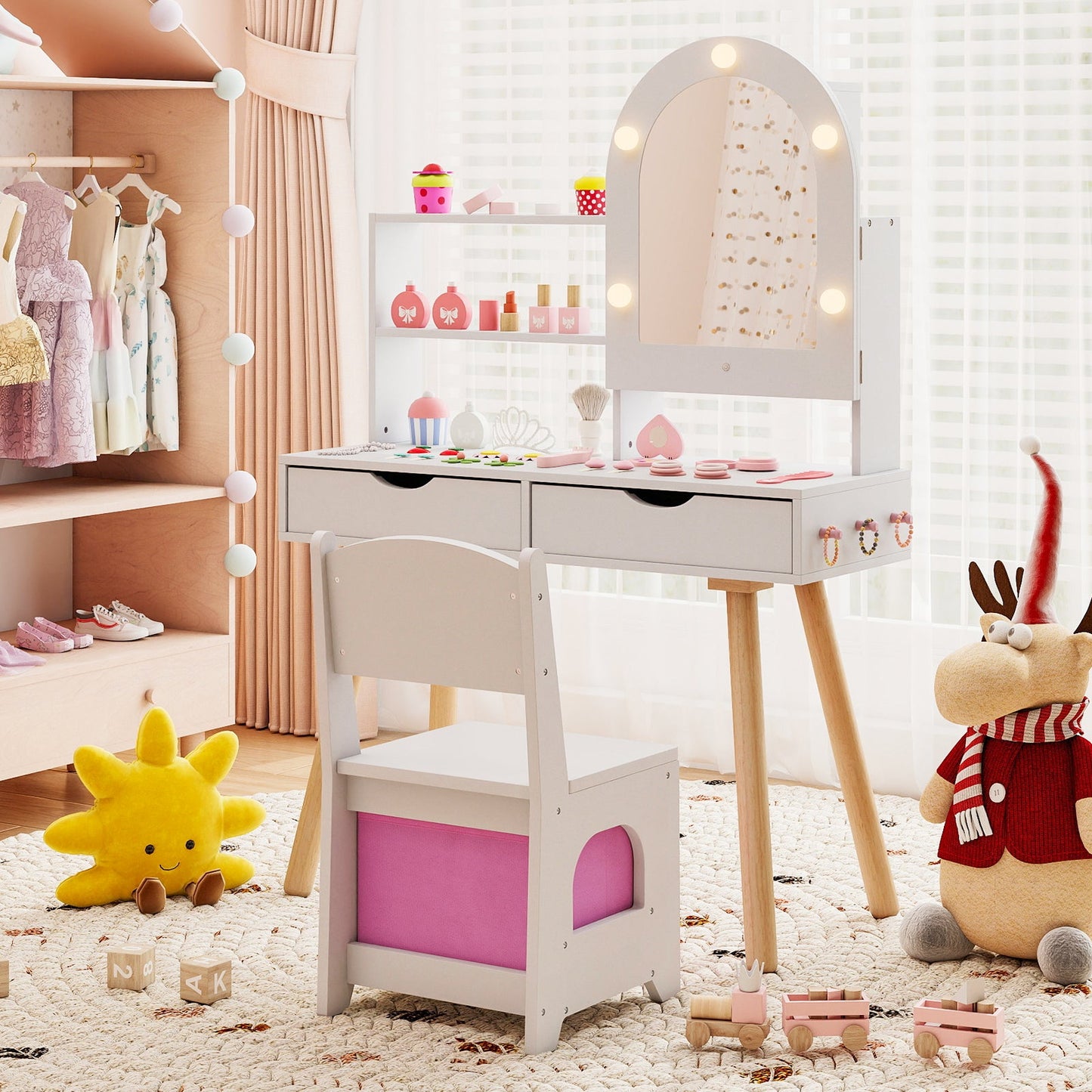 Kids Vanity Set Pretend Play Dressing Table Set with 3-Color Lighting Modes Adjustable Brightness and Mirror Cabinet