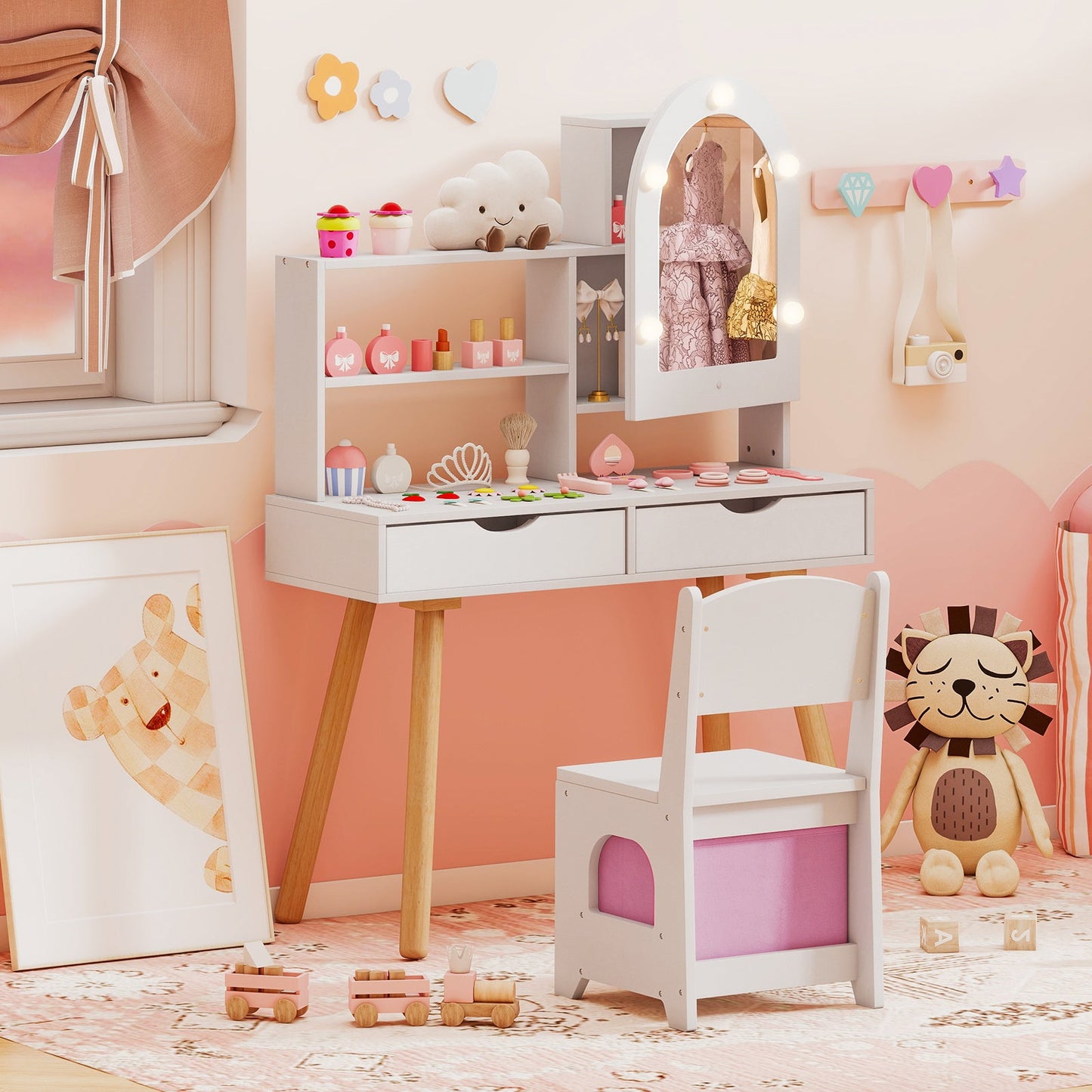 Kids Vanity Set Pretend Play Dressing Table Set with 3-Color Lighting Modes Adjustable Brightness and Mirror Cabinet