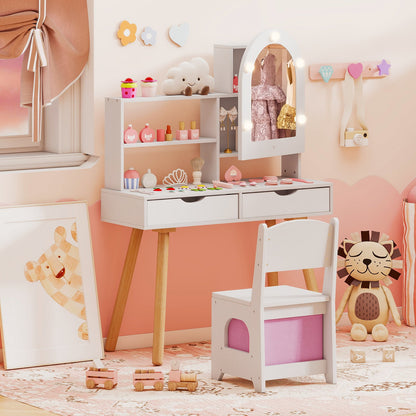 Kids Vanity Set Pretend Play Dressing Table Set with 3-Color Lighting Modes Adjustable Brightness and Mirror Cabinet