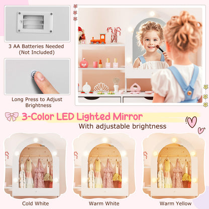 Kids Vanity Set Pretend Play Dressing Table Set with 3-Color Lighting Modes Adjustable Brightness and Mirror Cabinet