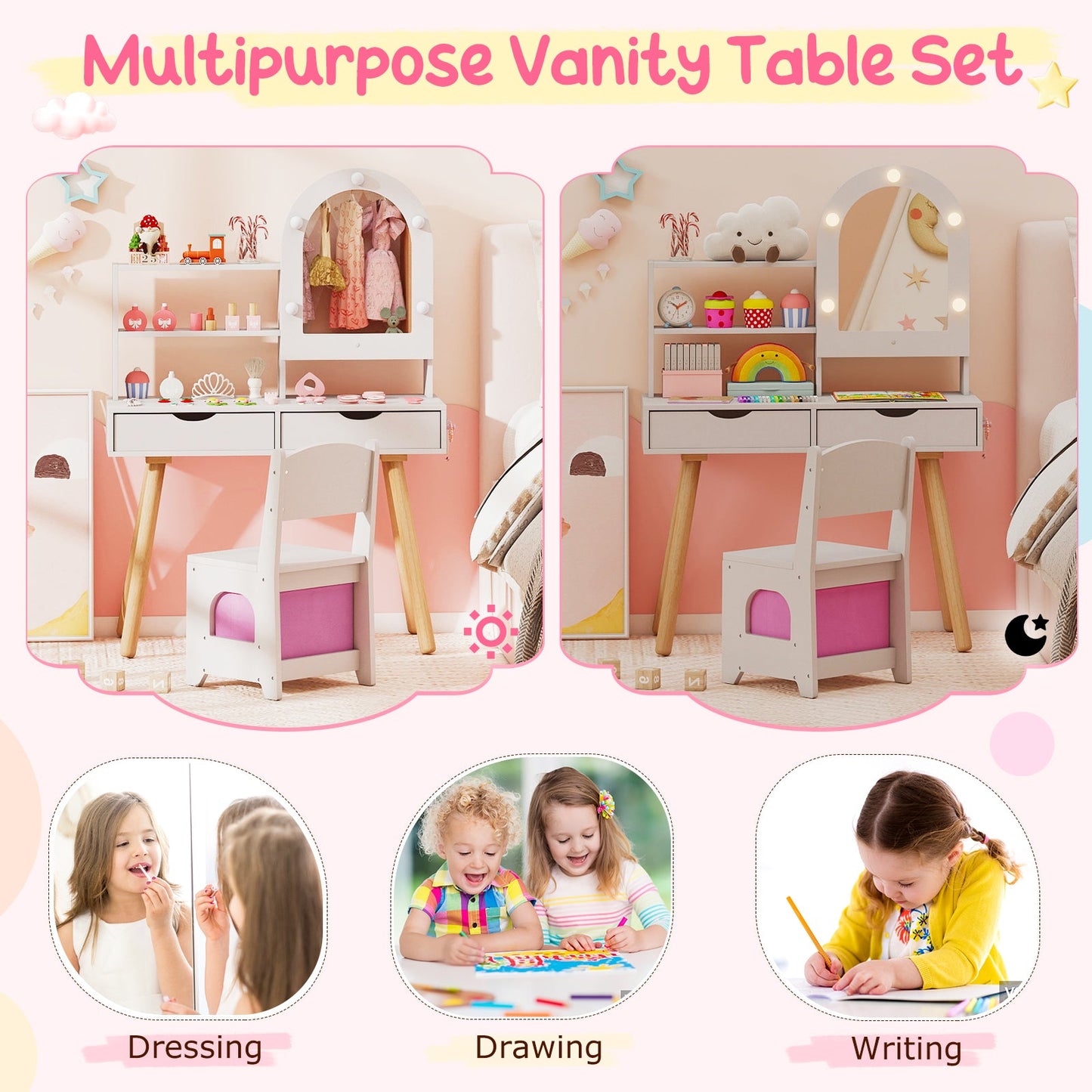 Kids Vanity Set Pretend Play Dressing Table Set with 3-Color Lighting Modes Adjustable Brightness and Mirror Cabinet