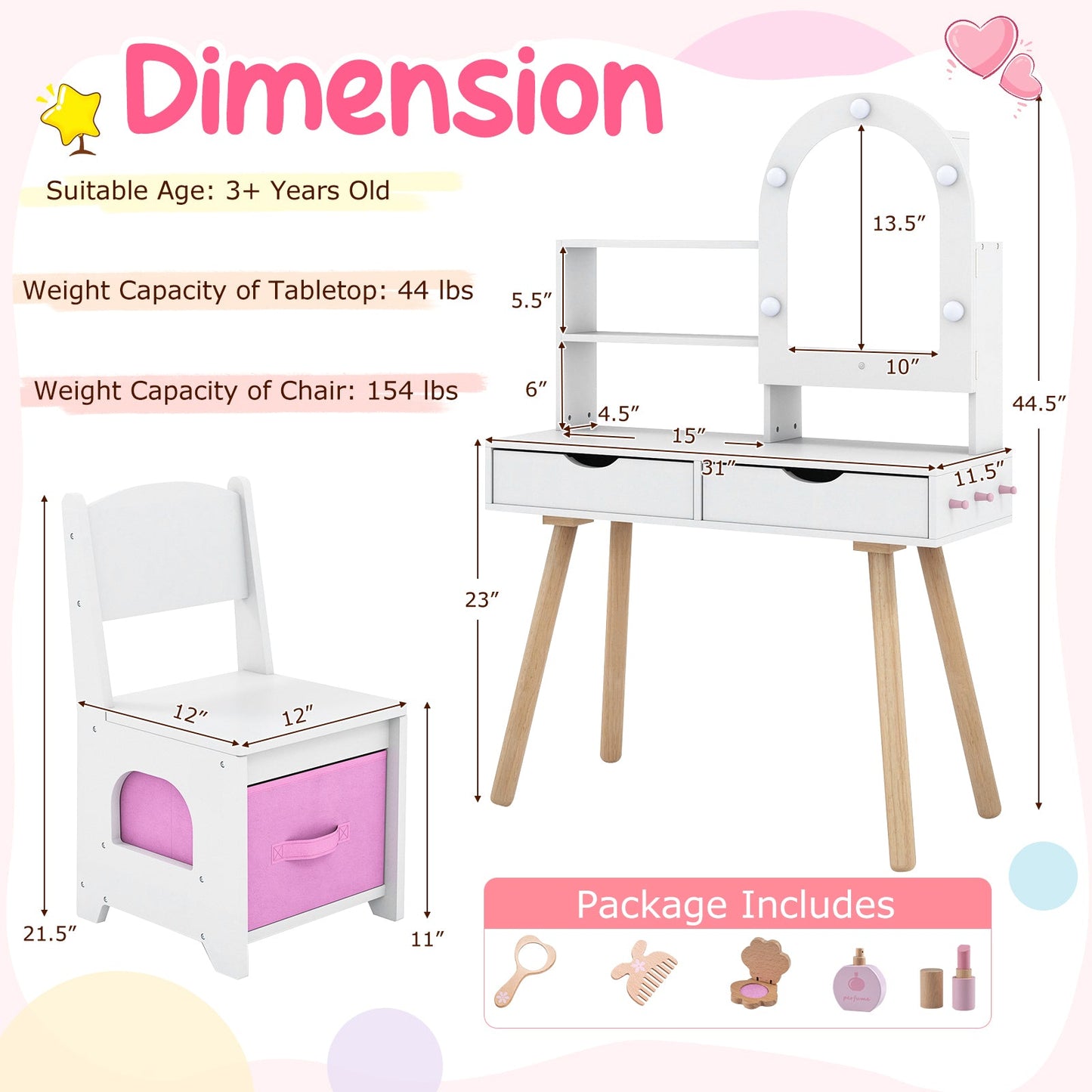 Kids Vanity Set Pretend Play Dressing Table Set with 3-Color Lighting Modes Adjustable Brightness and Mirror Cabinet