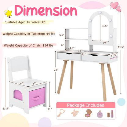 Kids Vanity Set Pretend Play Dressing Table Set with 3-Color Lighting Modes Adjustable Brightness and Mirror Cabinet