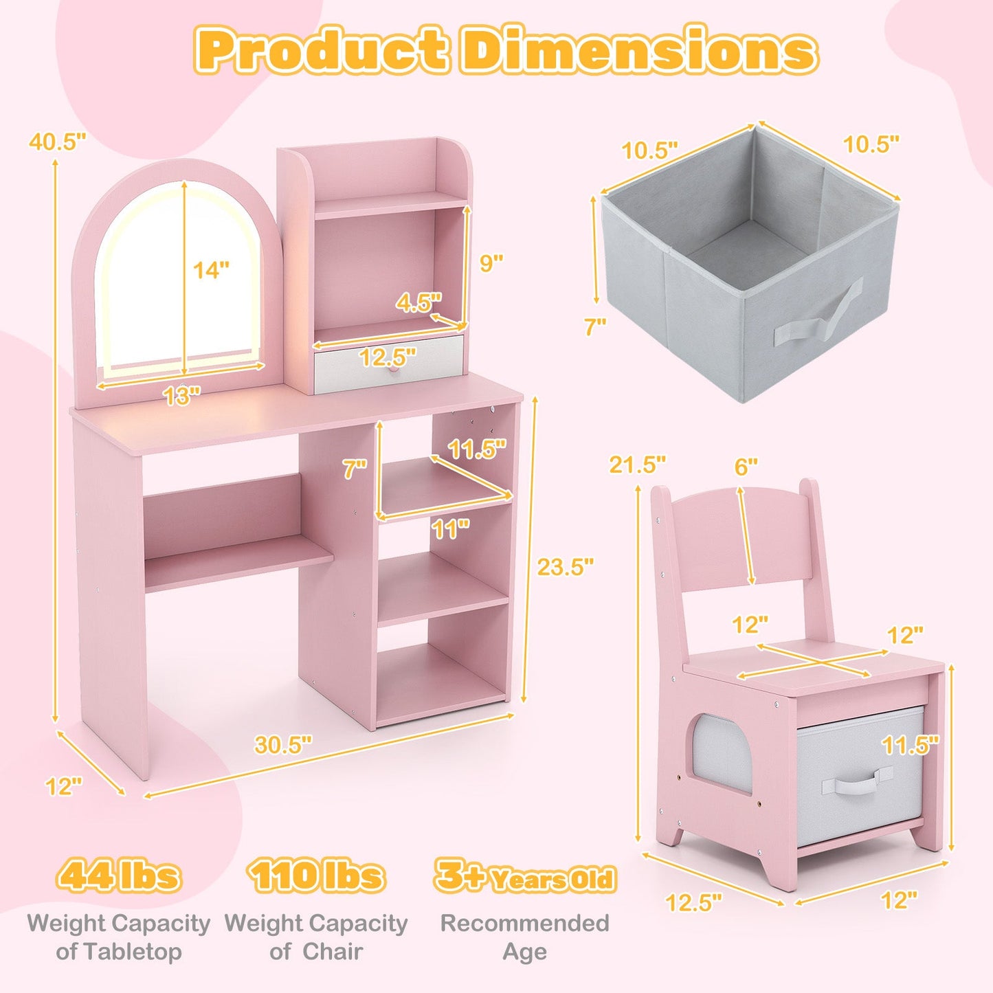 Kids Vanity Set Princess Girls Makeup Vanity Desk with Chair and 3-Color LED Lighted Mirror