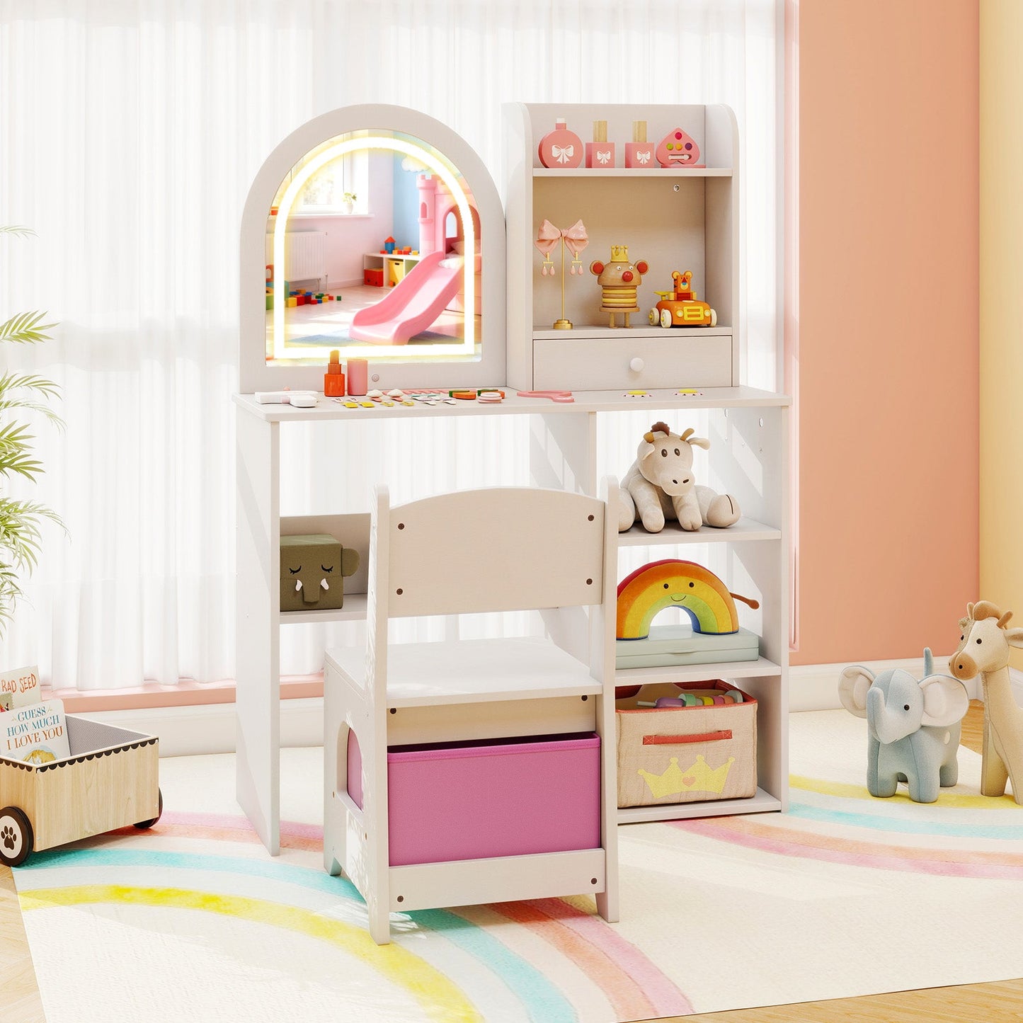 Kids Vanity Set Princess Girls Makeup Vanity Desk with Chair and 3-Color LED Lighted Mirror