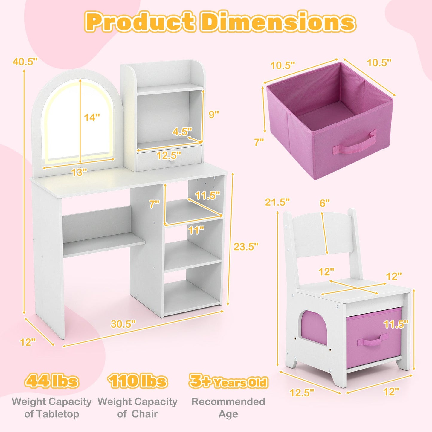 Kids Vanity Set Princess Girls Makeup Vanity Desk with Chair and 3-Color LED Lighted Mirror