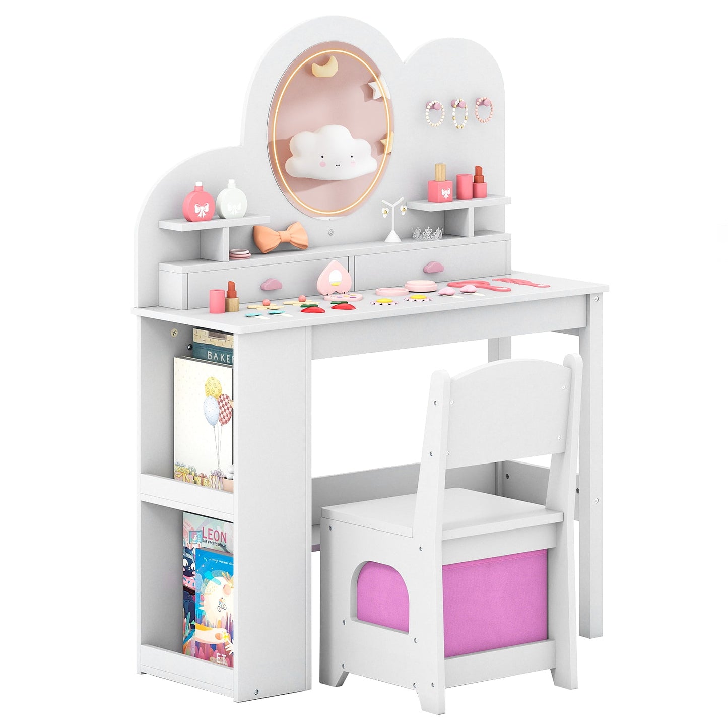 Kids Vanity with Lights Princess Vanity Table and Chair Set with 2 Drawers and 2-Tier Bookshelf