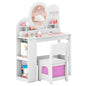 Kids Vanity with Lights Princess Vanity Table and Chair Set with 2 Drawers and 2-Tier Bookshelf