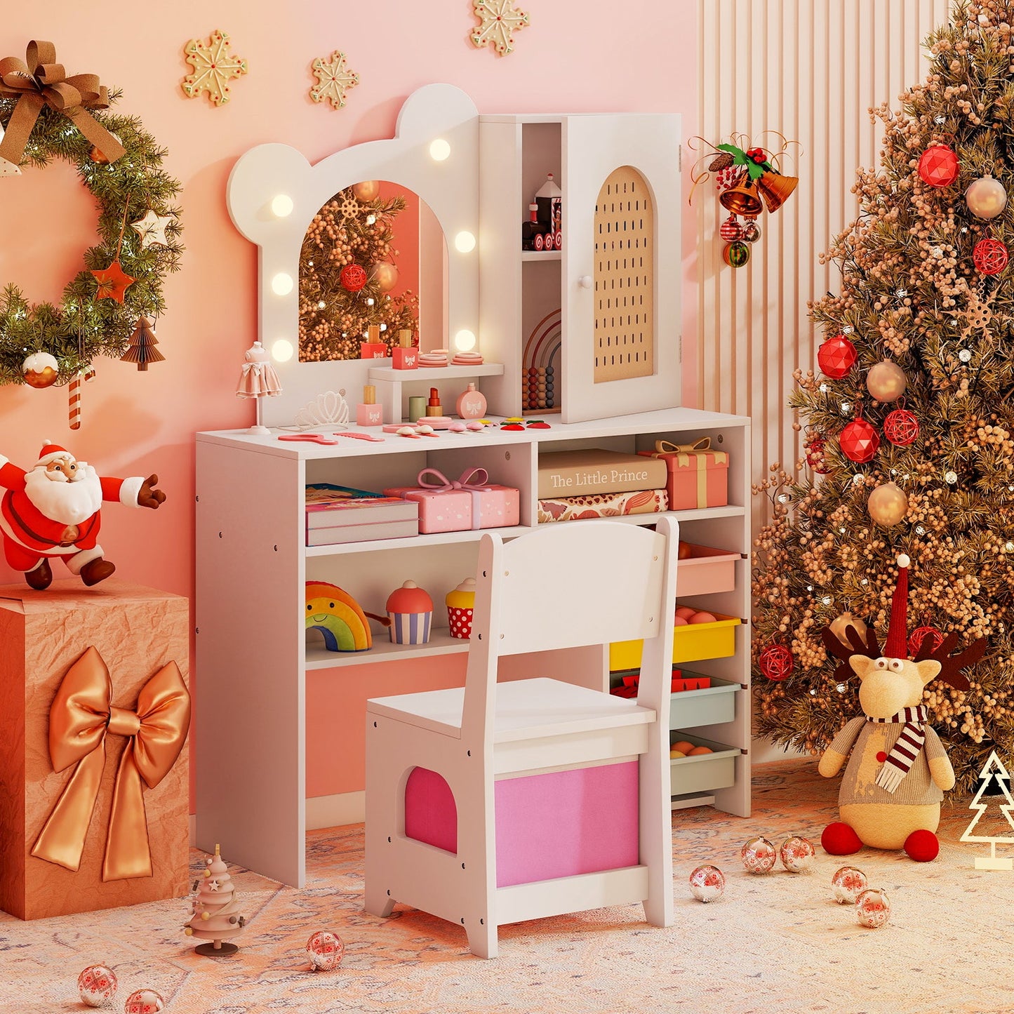 Kids Vanity with Lights and 5 Drawers for Kids Aged 3+ Years Old