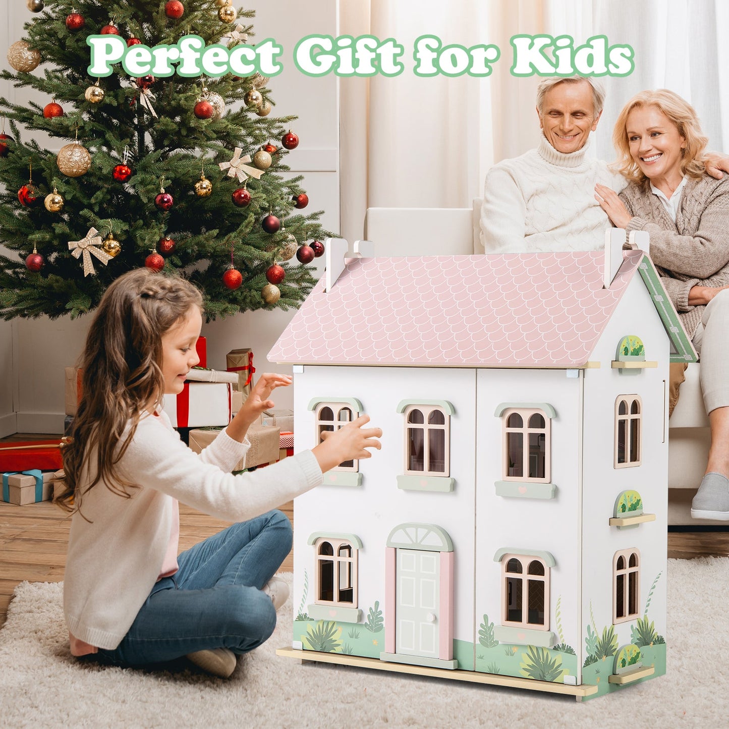 Kids Wooden Dollhouse 3 Level with Double-Sided Roofs and Doors-Pink