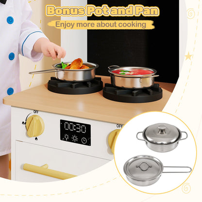 Kids Wooden Kitchen Playset with Stoves Sound Light for 3+ Years Old-White