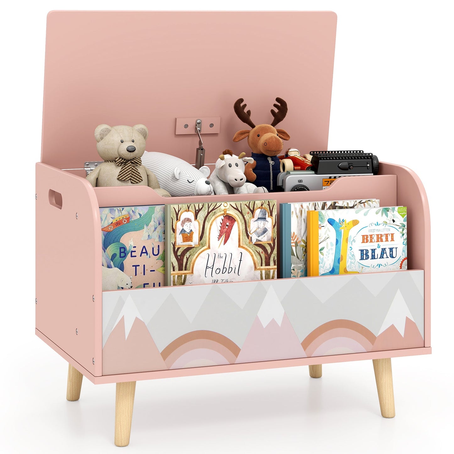 Kids Wooden Toy Box with Front Bookshelf and 4 Solid Wood Legs for Playroom