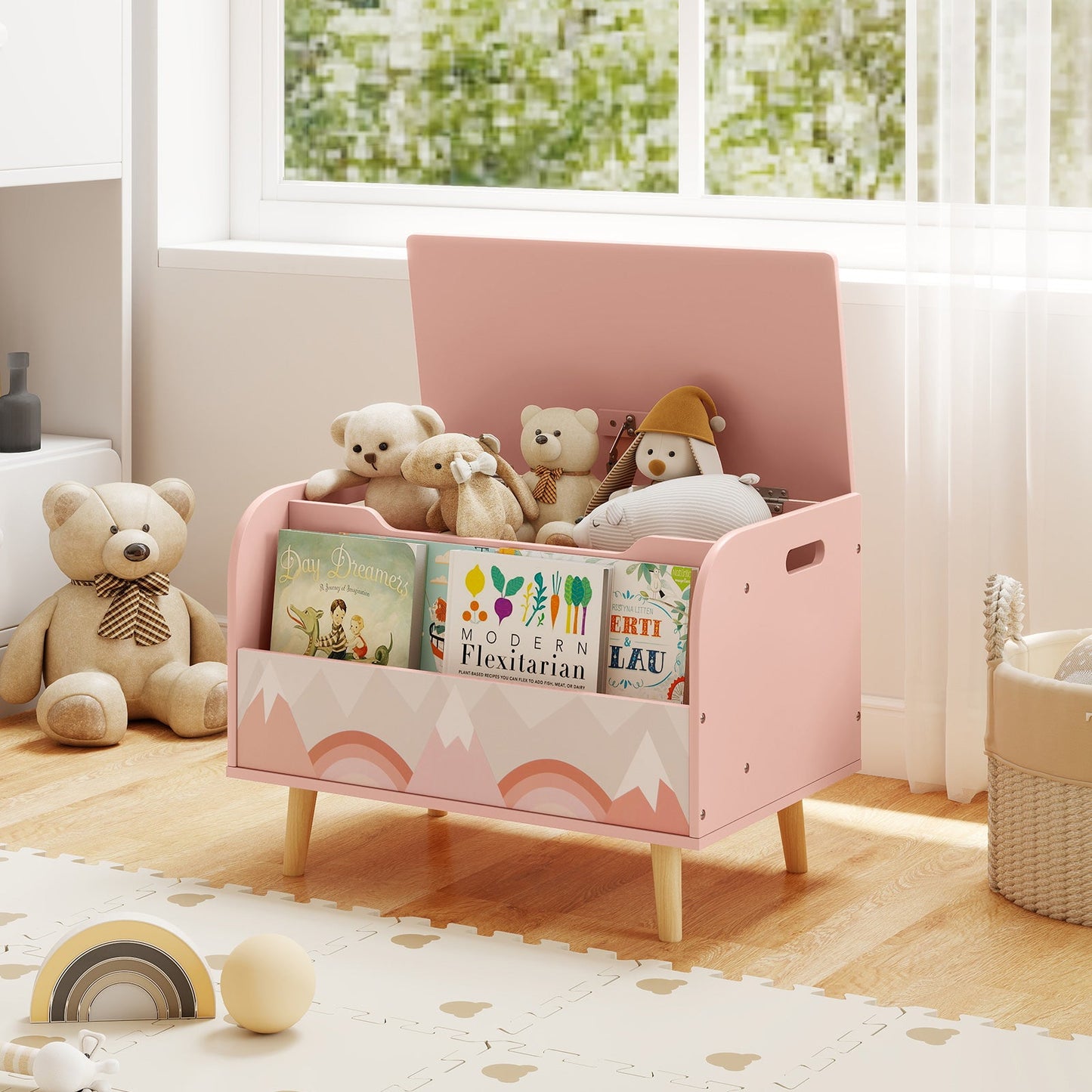 Kids Wooden Toy Box with Front Bookshelf and 4 Solid Wood Legs for Playroom