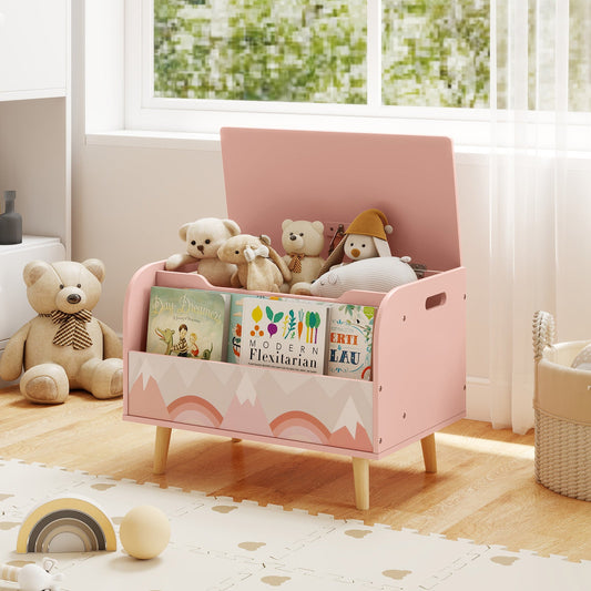 Kids Wooden Toy Box with Front Bookshelf and 4 Solid Wood Legs for Playroom
