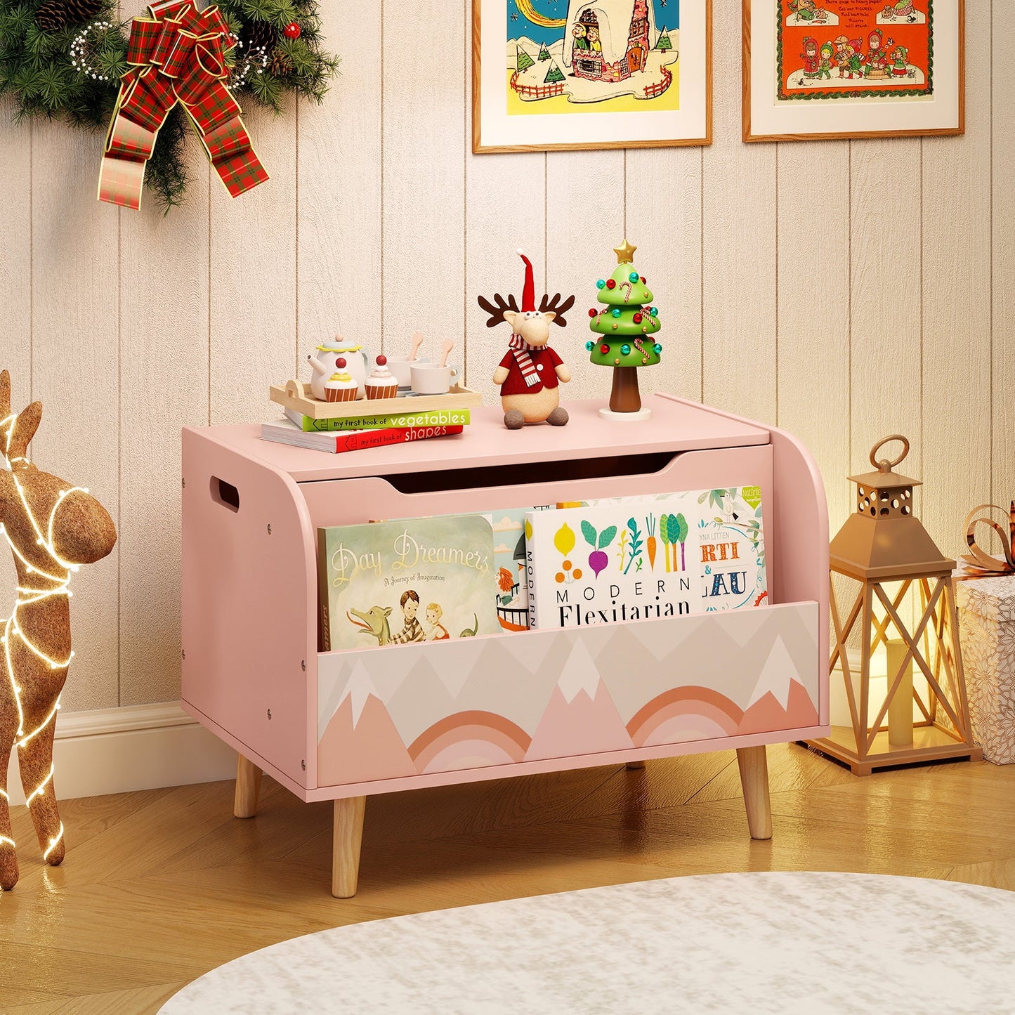 Kids Wooden Toy Box with Front Bookshelf and 4 Solid Wood Legs for Playroom